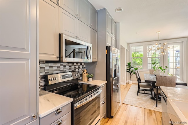 3411 N Xenia St, Denver, CO 80238 - kitchen with appliances with stainless steel finishes, light wood finished floors, backsplash, a chandelier, and pendant lighting
