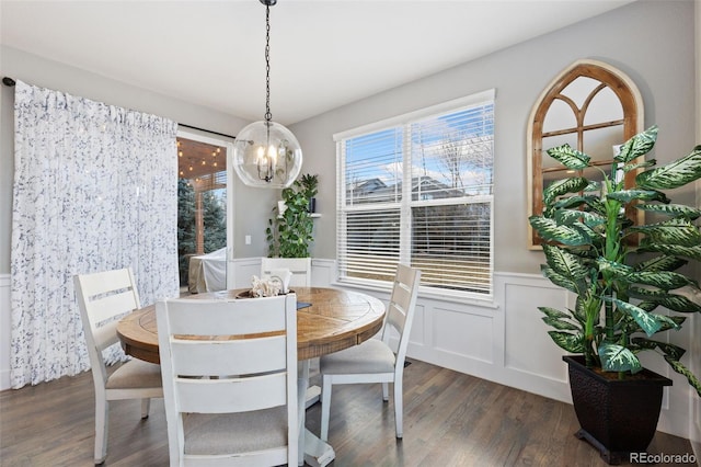 dining room with a wainscoted wall and dark wood-style flooring