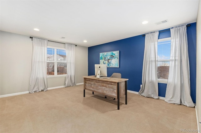 carpeted office space with recessed lighting, visible vents, and baseboards