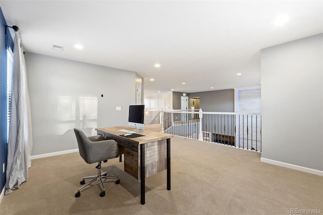 carpeted home office with baseboards, visible vents, and recessed lighting