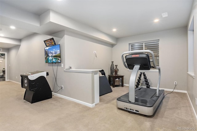 exercise area with carpet, baseboards, and recessed lighting