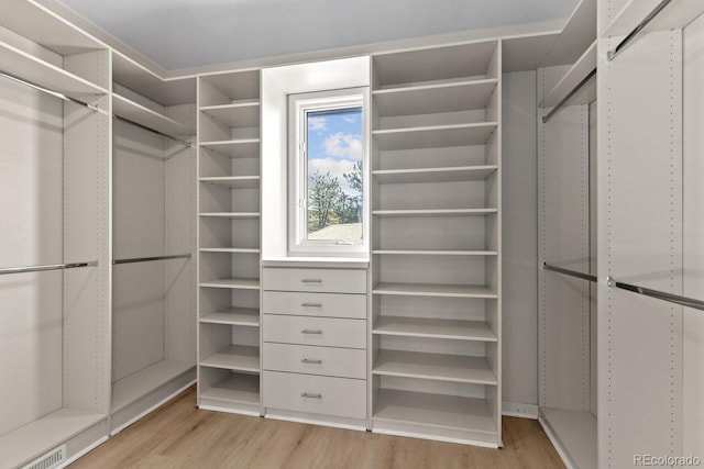 walk in closet with light hardwood / wood-style flooring