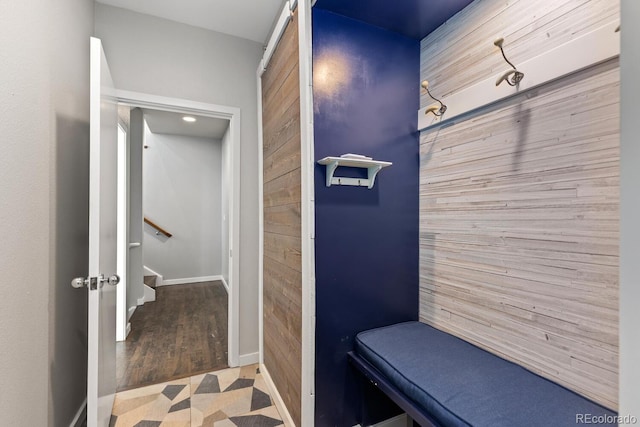 mudroom with hardwood / wood-style flooring