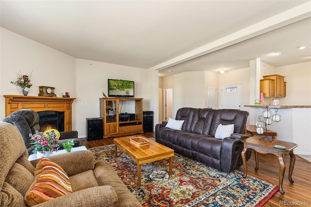 4241 Meadowlark Rd, Fort Lupton, CO 80621 - living room featuring wood finished floors and a warm lit fireplace