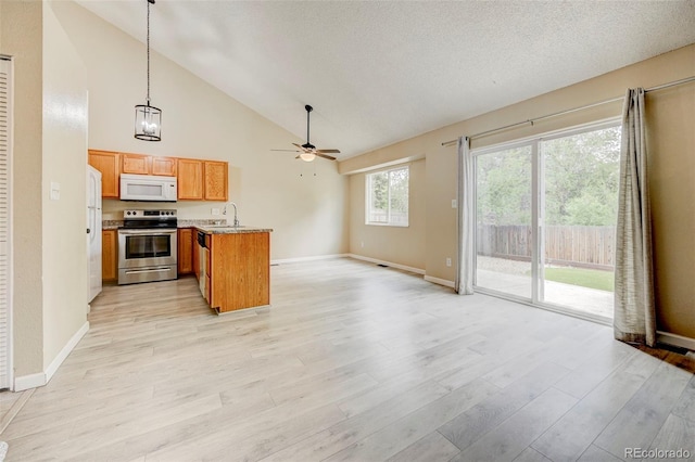 2726 Dickens Dr, Colorado Springs, CO 80916 - kitchen featuring stainless steel appliances, a sink, open floor plan, a peninsula, and light wood finished floors