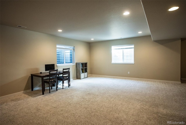 office with recessed lighting, baseboards, carpet floors, and visible vents