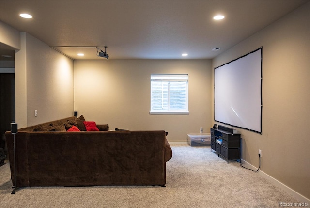 cinema featuring carpet flooring, recessed lighting, and baseboards