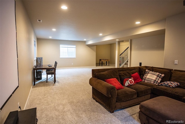 living room featuring stairs, carpet flooring, recessed lighting, and baseboards