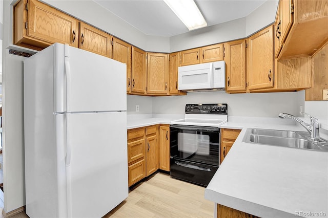 kitchen with white appliances, light hardwood / wood-style flooring, and sink