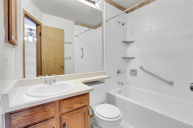 full bathroom featuring tile patterned flooring, vanity, shower / bathtub combination, and toilet