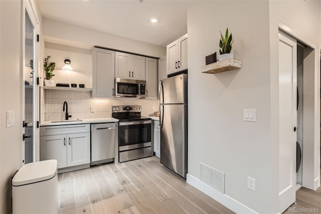 4025 Jason St Unit 101, Denver, CO 80211 - kitchen with appliances with stainless steel finishes, open shelves, decorative backsplash, light wood finished floors, and light countertops
