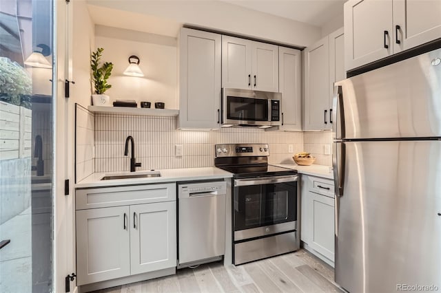 4025 Jason St Unit 101, Denver, CO 80211 - kitchen featuring appliances with stainless steel finishes, decorative backsplash, light countertops, light wood-type flooring, and open shelves