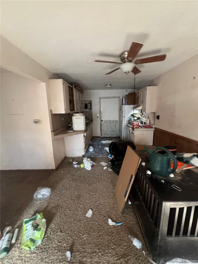 kitchen with white refrigerator and ceiling fan