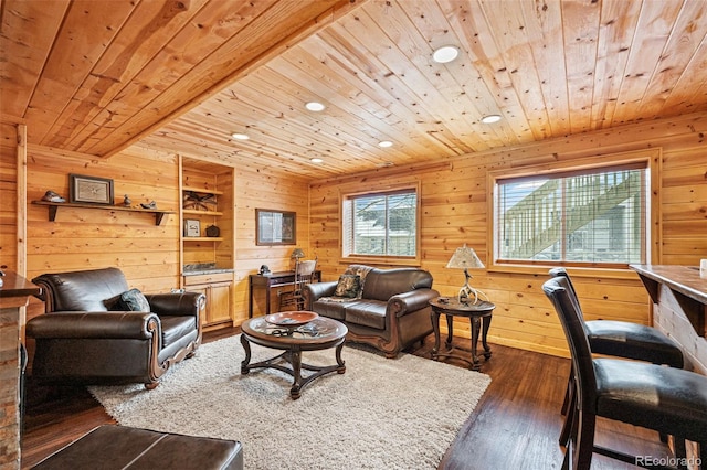 living room with wood ceiling, dark hardwood / wood-style flooring, and wood walls