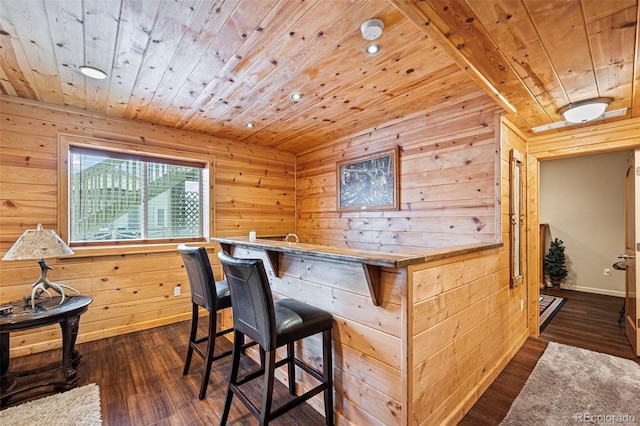 bar featuring wood ceiling, wooden walls, dark hardwood / wood-style floors, and wood counters