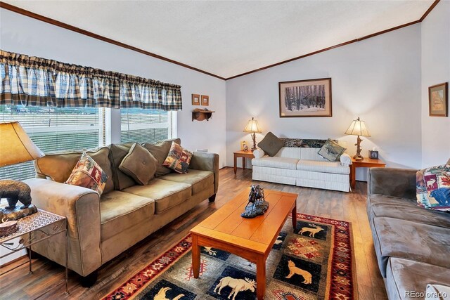 75 Sixth St, Como, CO 80432 - living room featuring crown molding, wood finished floors, and lofted ceiling