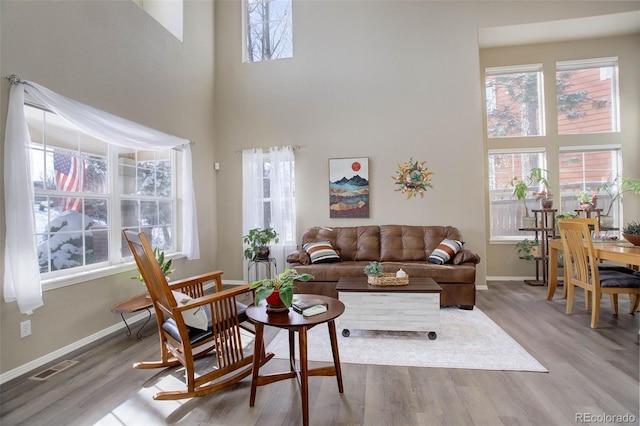 living room with light wood-type flooring, a towering ceiling, and a wealth of natural light