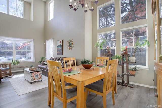 dining area with wood-type flooring, a chandelier, and a high ceiling