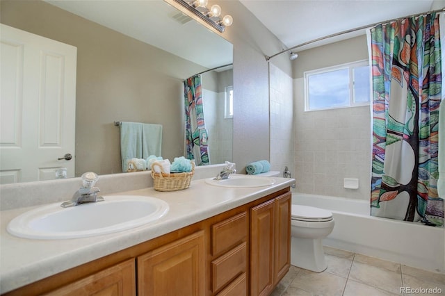 full bathroom featuring shower / bath combo, toilet, tile patterned floors, and vanity