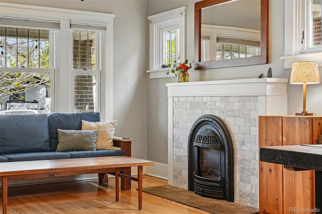 sitting room with a glass covered fireplace and wood finished floors