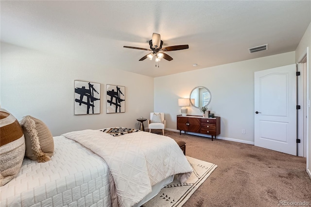 bedroom featuring carpet flooring and ceiling fan