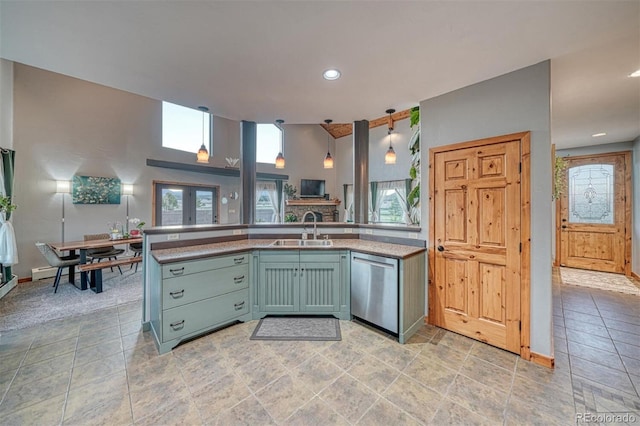 10757 Vista Farms Ct, Salida, CO 81201 - kitchen with dishwasher, green cabinets, a peninsula, light countertops, and recessed lighting