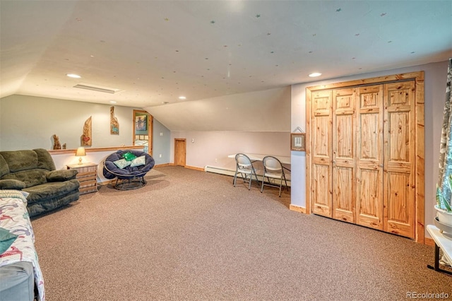 10757 Vista Farms Ct, Salida, CO 81201 - living area featuring baseboard heating, carpet floors, lofted ceiling, and recessed lighting
