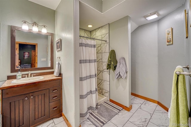 10757 Vista Farms Ct, Salida, CO 81201 - full bathroom featuring marble look tiles, a shower with curtain, and vanity