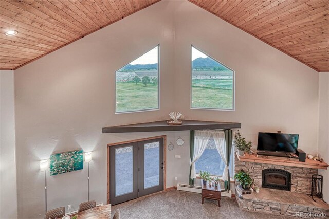 10757 Vista Farms Ct, Salida, CO 81201 - living room featuring wooden ceiling, carpet, french doors, plenty of natural light, and vaulted ceiling