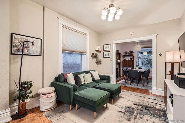 1612 N High St, Denver, CO 80218 - living area with light wood finished floors, healthy amount of natural light, and a chandelier