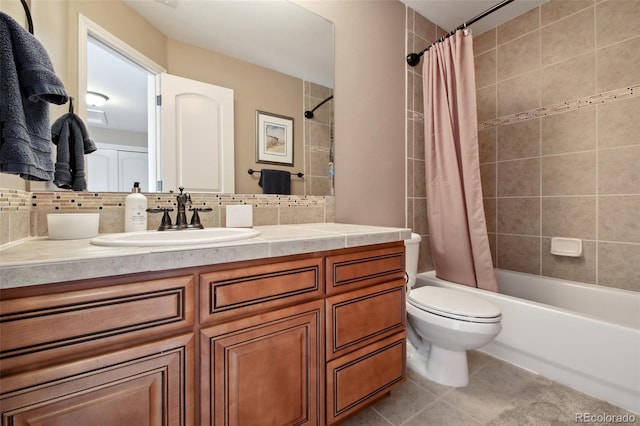 17490 W 67th Ave, Arvada, CO 80007 - full bathroom with shower / bath combo, backsplash, vanity, toilet, and tile patterned floors