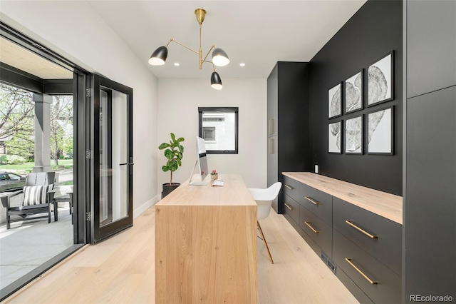 1462 S Vine St, Denver, CO 80210 - home office with light wood-style floors, plenty of natural light, recessed lighting, and a chandelier