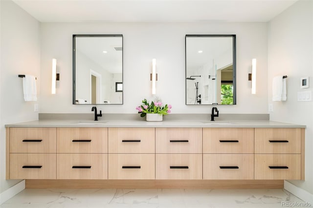 1462 S Vine St, Denver, CO 80210 - full bathroom featuring marble look tiles, double vanity, and recessed lighting