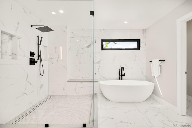 1462 S Vine St, Denver, CO 80210 - bathroom with a marble finish shower, a soaking tub, recessed lighting, and marble finish floors