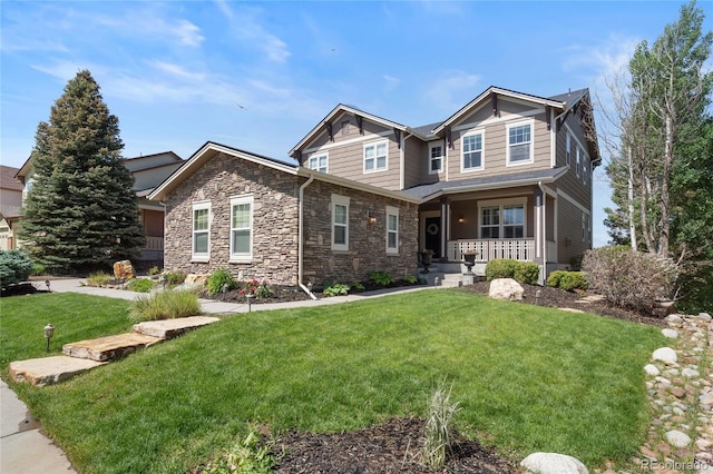 7963 S Valleyhead Way, Aurora, CO 80016 - craftsman house featuring a porch, a front lawn, and stone siding