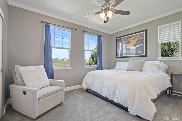 7963 S Valleyhead Way, Aurora, CO 80016 - bedroom with baseboards, crown molding, carpet flooring, and ceiling fan