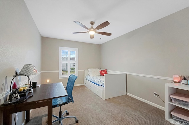 20460 Oakbrook Ln, Parker, CO 80138 - bedroom featuring an office area, baseboards, light carpet, and a ceiling fan