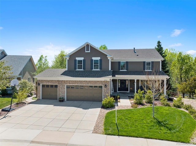 20460 Oakbrook Ln, Parker, CO 80138 - view of front of home featuring a porch, driveway, a front lawn, an attached garage, and roof with shingles