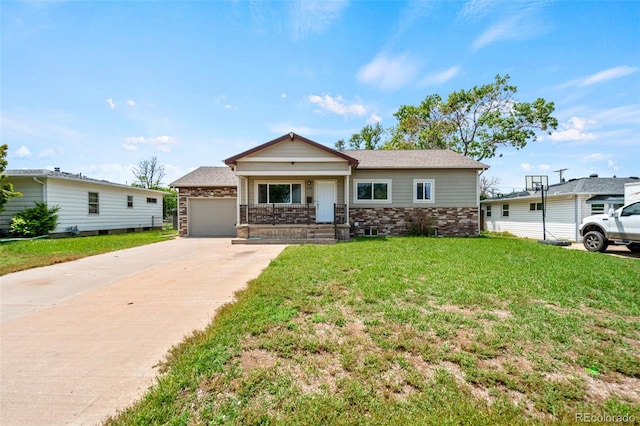 335 N 11th Ave, Brighton, CO 80601 - view of front facade with a garage, driveway, a front lawn, and stone siding