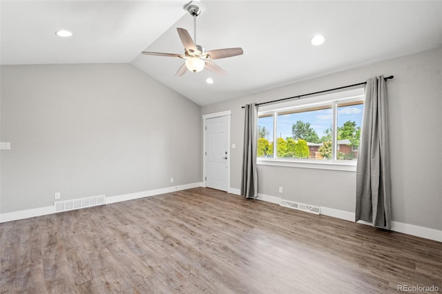 335 N 11th Ave, Brighton, CO 80601 - unfurnished room featuring a ceiling fan, lofted ceiling, wood finished floors, recessed lighting, and baseboards