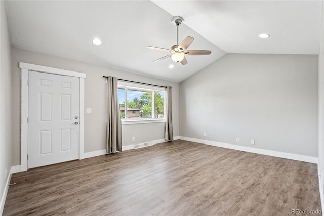 335 N 11th Ave, Brighton, CO 80601 - foyer entrance with ceiling fan, wood finished floors, vaulted ceiling, recessed lighting, and baseboards