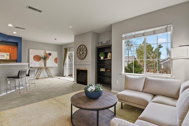 living room featuring light colored carpet