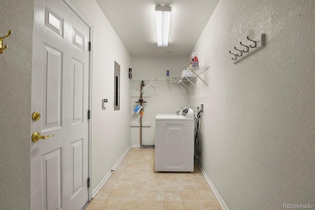 clothes washing area with electric panel and washer hookup