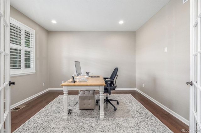 14258 Greenfield Loop, Parker, CO 80134 - office with dark wood-style flooring, baseboards, recessed lighting, and french doors