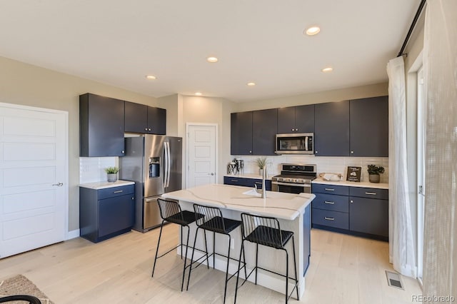 kitchen featuring tasteful backsplash, a center island with sink, light wood-type flooring, a kitchen breakfast bar, and stainless steel appliances