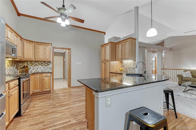 kitchen with light wood finished floors, ceiling fan, a kitchen breakfast bar, appliances with stainless steel finishes, and a sink