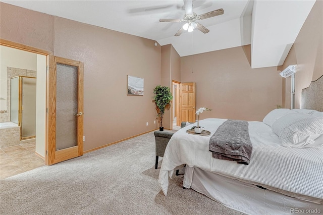 bedroom featuring ceiling fan, baseboards, lofted ceiling, and carpet