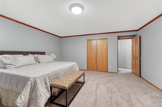 bedroom featuring baseboards, light carpet, and crown molding