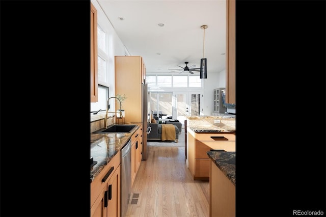 kitchen with sink, ceiling fan, light hardwood / wood-style floors, decorative light fixtures, and stainless steel dishwasher