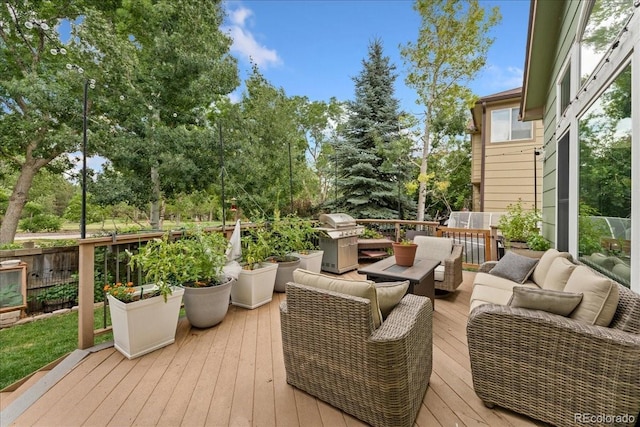 5370 S Gray St, Littleton, CO 80123 - deck featuring an outdoor hangout area, view of scattered trees, and area for grilling
